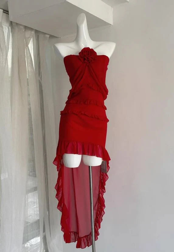 Aimishang Elegant Strapless Sleeveless Ruffle Floral Summer Birthday Party Dress Charming Homecoming Dress