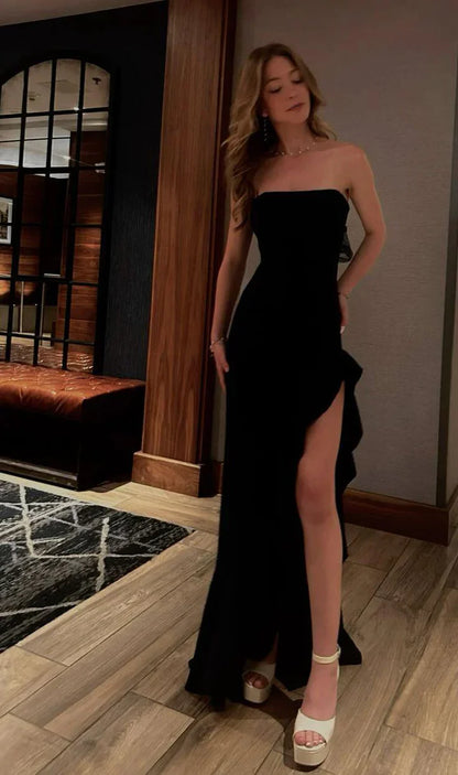 Aimishang Elegant Strapless Sleeveless Ruffle Long Formal Prom Dress With Slit Black Party Evening Gown Lovely Graduation Dress