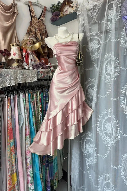 Aimishang Elegant Strapless Sleeveless Ruffle Satin Formal Prom Dress Classy Evening Dress Asymmetric Wedding Guest Party Dress