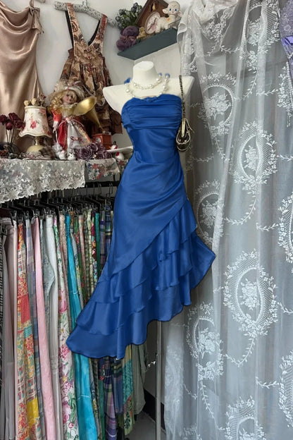 Aimishang Elegant Strapless Sleeveless Ruffle Satin Formal Prom Dress Classy Evening Dress Asymmetric Wedding Guest Party Dress