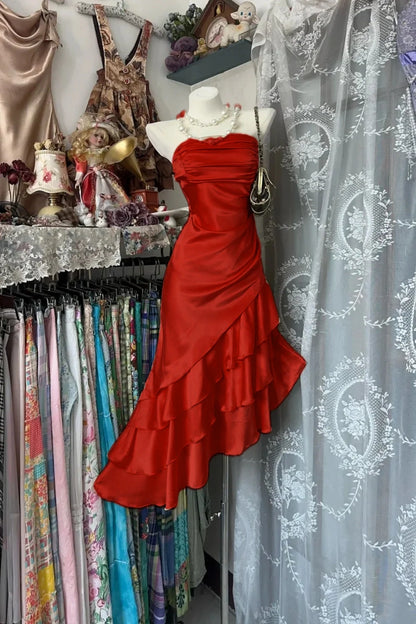 Aimishang Elegant Strapless Sleeveless Ruffle Satin Formal Prom Dress Classy Evening Dress Asymmetric Wedding Guest Party Dress