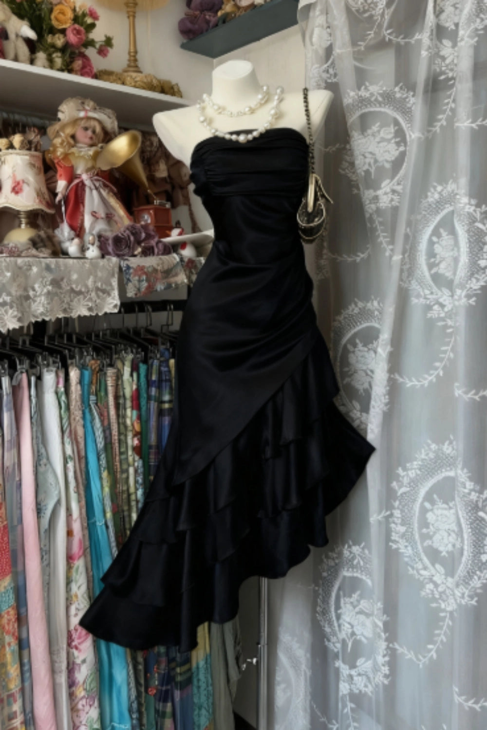 Aimishang Elegant Strapless Sleeveless Ruffle Satin Formal Prom Dress Classy Evening Dress Asymmetric Wedding Guest Party Dress