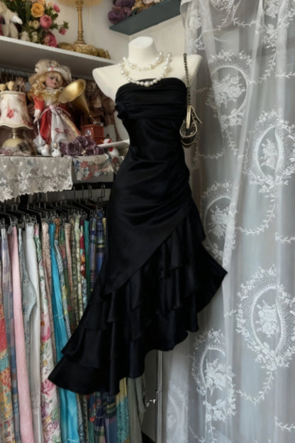 Aimishang Elegant Strapless Sleeveless Ruffle Satin Formal Prom Dress Classy Evening Dress Asymmetric Wedding Guest Party Dress