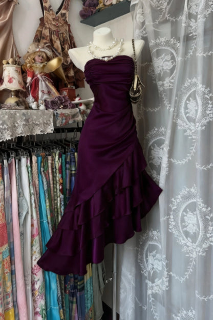 Aimishang Elegant Strapless Sleeveless Ruffle Satin Formal Prom Dress Classy Evening Dress Asymmetric Wedding Guest Party Dress