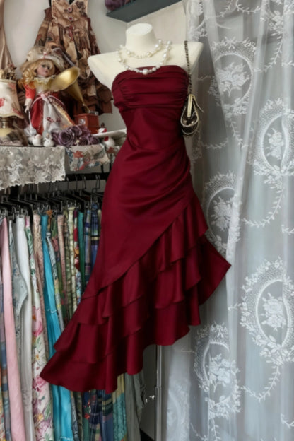 Aimishang Elegant Strapless Sleeveless Ruffle Satin Formal Prom Dress Classy Evening Dress Asymmetric Wedding Guest Party Dress