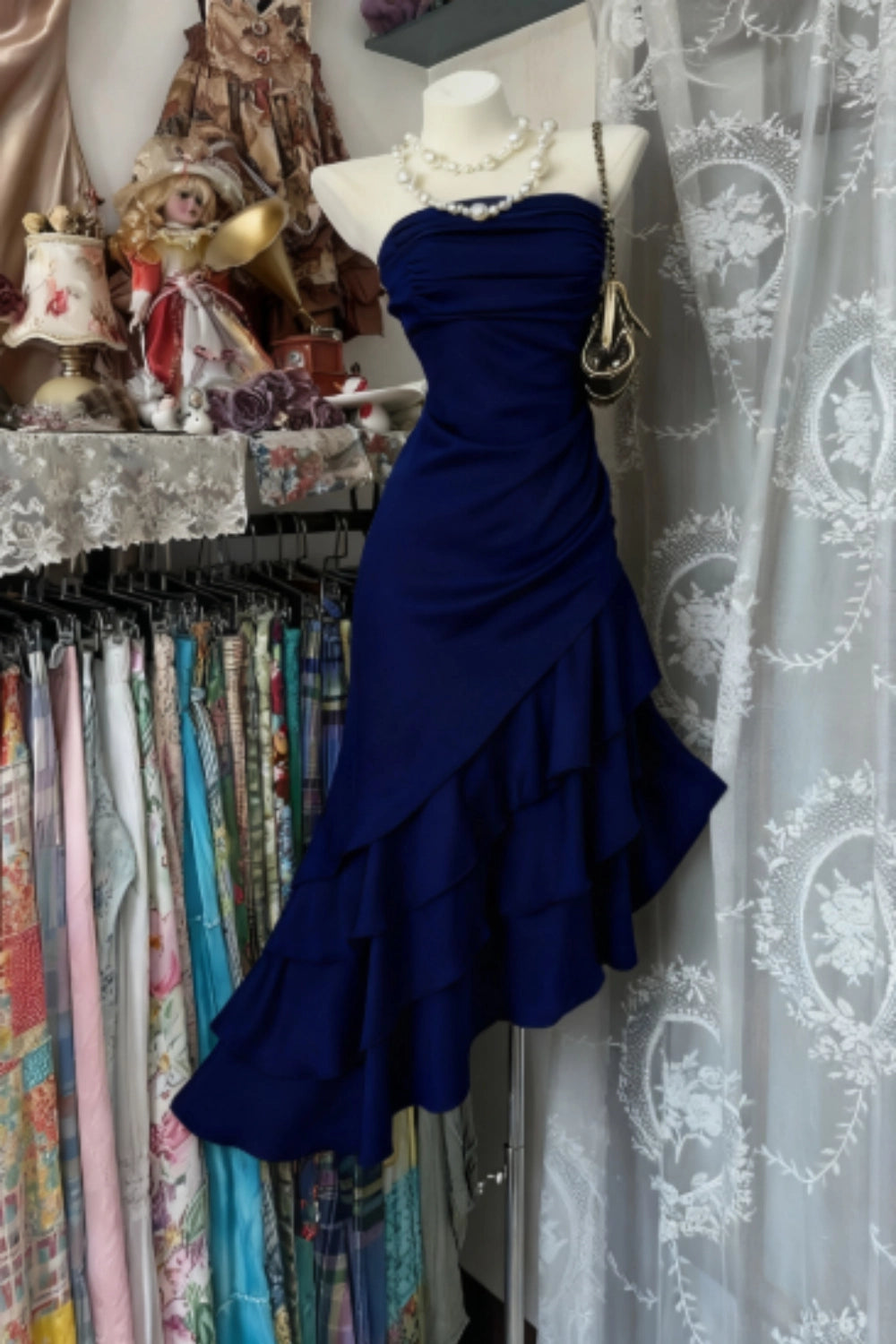 Aimishang Elegant Strapless Sleeveless Ruffle Satin Formal Prom Dress Classy Evening Dress Asymmetric Wedding Guest Party Dress