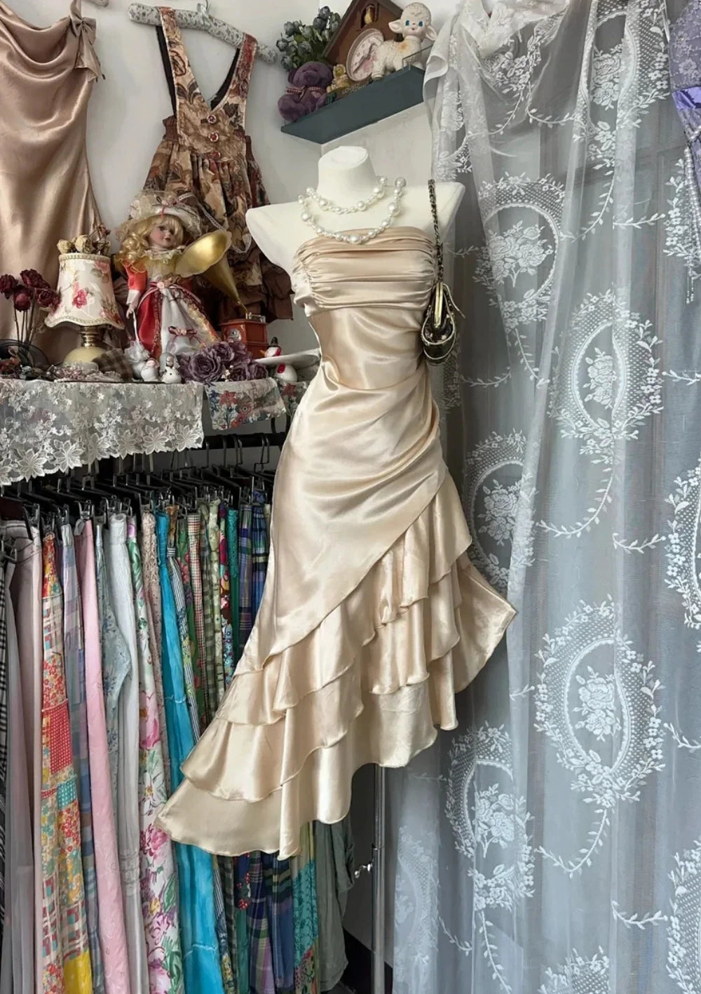 Aimishang Elegant Strapless Sleeveless Satin Ruffle Formal Prom Dress Classy Asymmetric Wedding Guest Party Dress