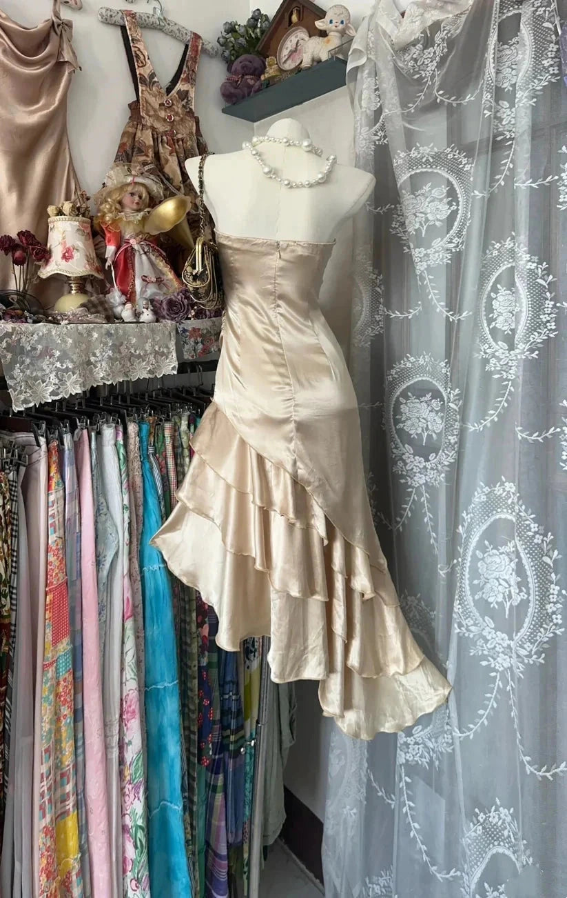 Aimishang Elegant Strapless Sleeveless Satin Ruffle Formal Prom Dress Classy Asymmetric Wedding Guest Party Dress
