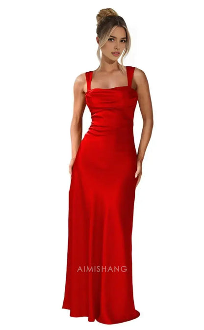 Aimishang Elegant Straps Satin Maxi Formal Dress Sleeveless Long Formal Prom Dress Women's Evening Gowns Fashion Party Dress
