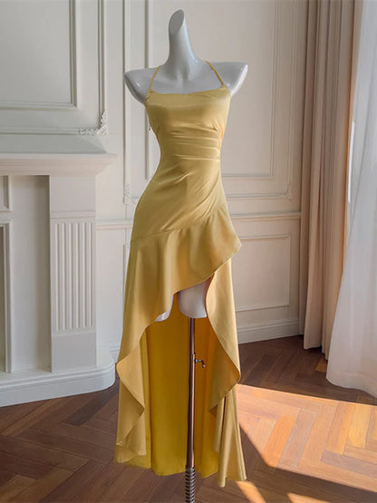 Aimishang Elegant Straps Sleeveless Satin Ruffled High-Low Formal Prom Dress Simple Evening Party Dress