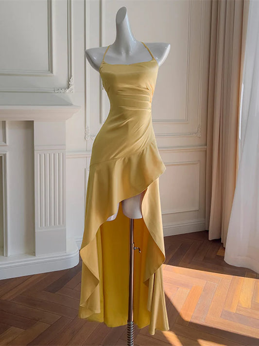 Aimishang Elegant Straps Sleeveless Satin Ruffled High-Low Formal Prom Dress Simple Evening Party Dress