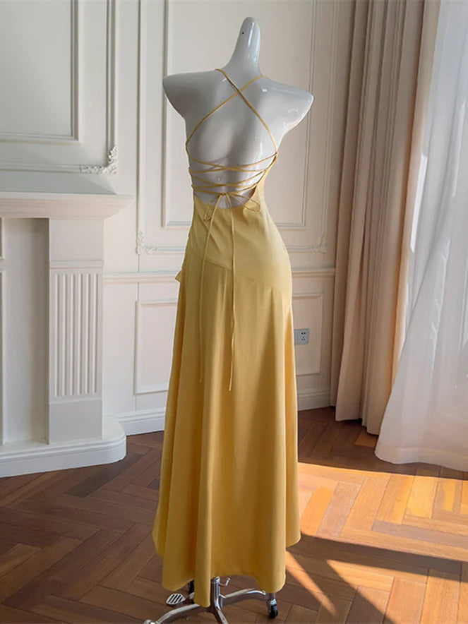 Aimishang Elegant Straps Sleeveless Satin Ruffled High-Low Formal Prom Dress Simple Evening Party Dress