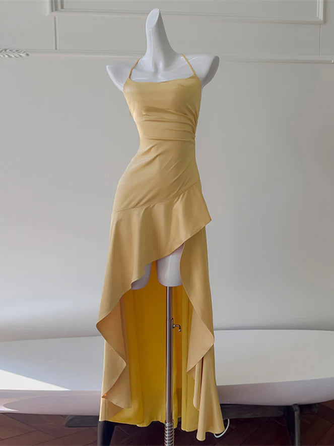 Aimishang Elegant Straps Sleeveless Satin Ruffled High-Low Formal Prom Dress Simple Evening Party Dress