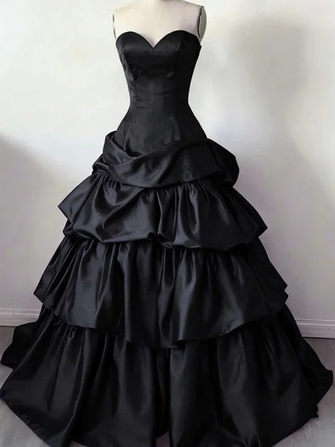 Aimishang Elegant Sweetheart A Line Strapless Sleeveless Black Satin Layers Long Formal Prom Dress Classy Evening Party Dress
