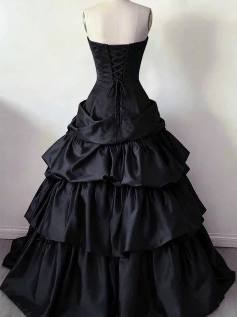 Aimishang Elegant Sweetheart A Line Strapless Sleeveless Black Satin Layers Long Formal Prom Dress Classy Evening Party Dress