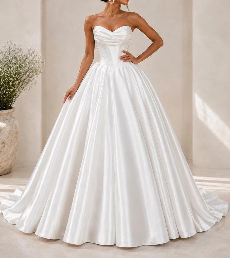 Aimishang Elegant Sweetheart Neck A Line Strapless Sleeveless Satin Long Wedding Dress Classy Ball Gown Bridal Gowns