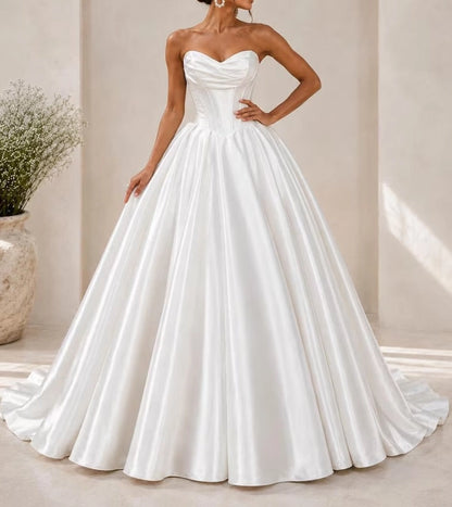 Aimishang Elegant Sweetheart Neck A Line Strapless Sleeveless Satin Long Wedding Dress Classy Ball Gown Bridal Gowns