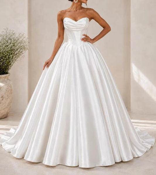 Aimishang Elegant Sweetheart Neck A Line Strapless Sleeveless Satin Long Wedding Dress Classy Ball Gown Bridal Gowns