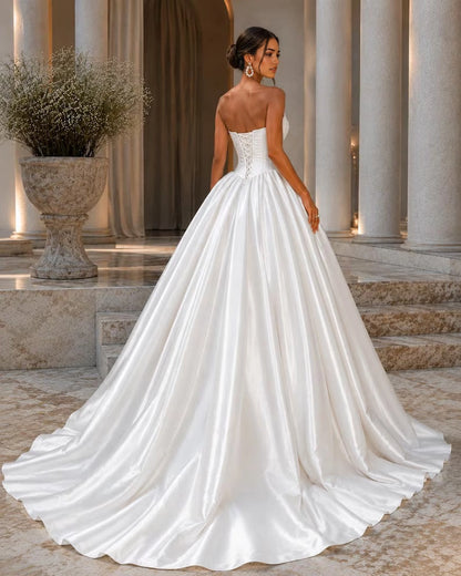 Aimishang Elegant Sweetheart Neck A Line Strapless Sleeveless Satin Long Wedding Dress Classy Ball Gown Bridal Gowns
