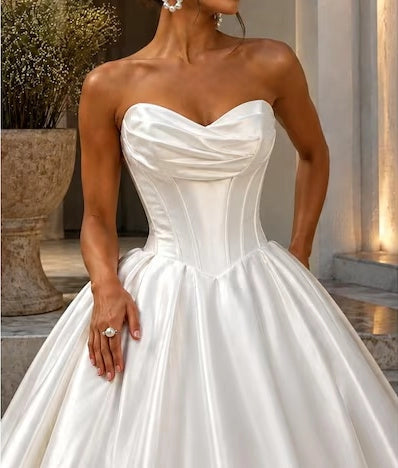 Aimishang Elegant Sweetheart Neck A Line Strapless Sleeveless Satin Long Wedding Dress Classy Ball Gown Bridal Gowns