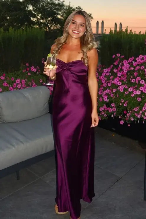 Aimishang Elegant Sweetheart Sleeveless Purple Satin Wedding Guest Party Dress Simple Long Formal Prom Dress