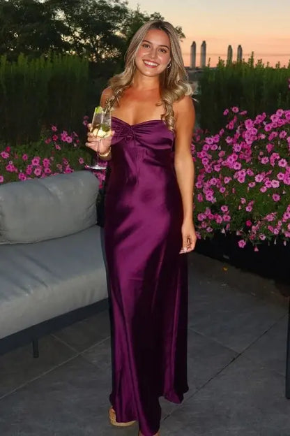 Aimishang Elegant Sweetheart Sleeveless Purple Satin Wedding Guest Party Dress Simple Long Formal Prom Dress