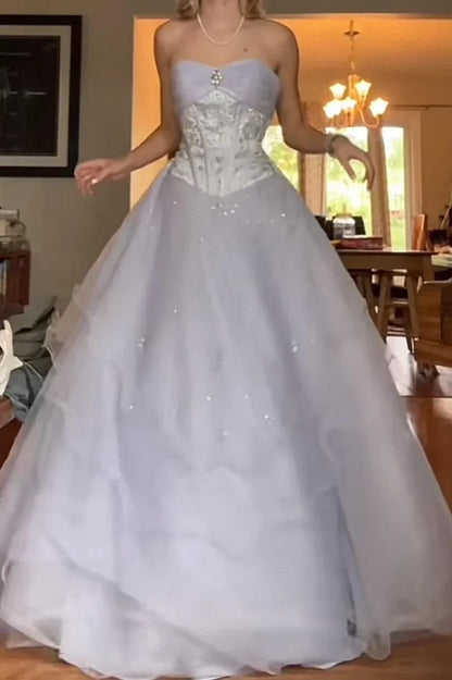 Aimishang Elegant Sweetheart Strapless A Line Princess Sleeveless Beaded Long Formal Prom Dress
