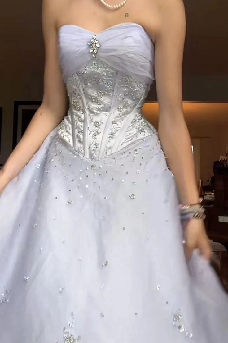 Aimishang Elegant Sweetheart Strapless A Line Princess Sleeveless Beaded Long Formal Prom Dress