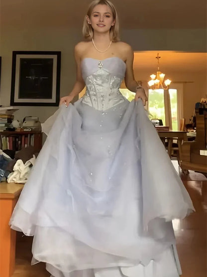 Aimishang Elegant Sweetheart Strapless A Line Princess Sleeveless Beaded Long Formal Prom Dress