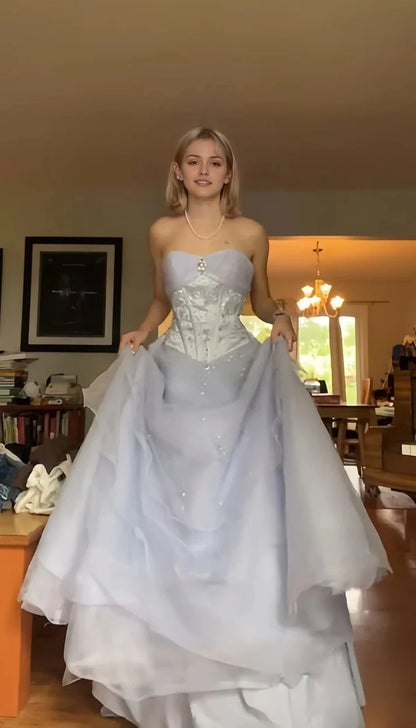 Aimishang Elegant Sweetheart Strapless A Line Princess Sleeveless Beaded Long Formal Prom Dress