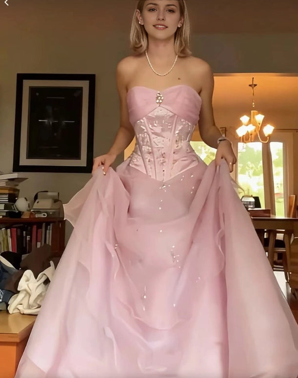 Aimishang Elegant Sweetheart Strapless A Line Princess Sleeveless Beaded Long Formal Prom Dress