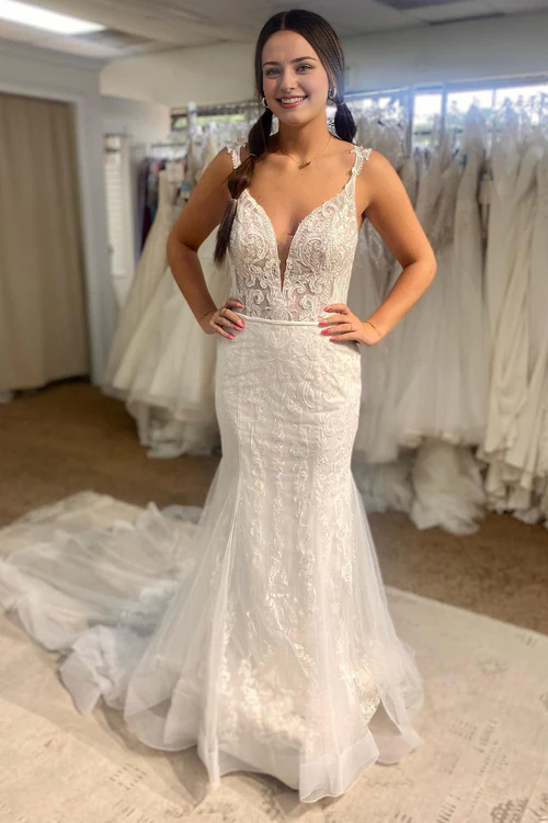 Aimishang Elegant Tulle Mermaid Spaghetti Straps Long Wedding Dress Charming Bridal Gown with Appliques
