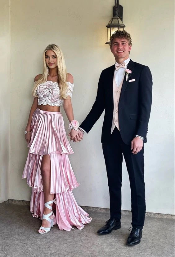 Aimishang Elegant Two Piece Off-Shoulder Lace Top Tiered Ruffle Satin Pleated Prom Dress With Slit