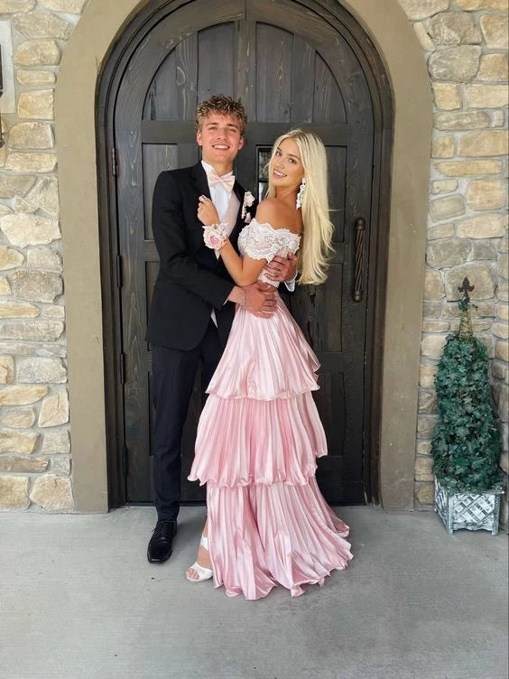 Aimishang Elegant Two Piece Off-Shoulder Lace Top Tiered Ruffle Satin Pleated Prom Dress With Slit