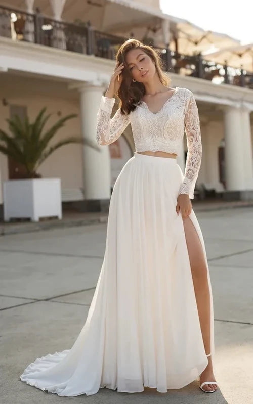Aimishang Elegant Two Piece V-neck Long Sleeves Wedding Dress with Sweep Train Lace Bridal Gown With Slit