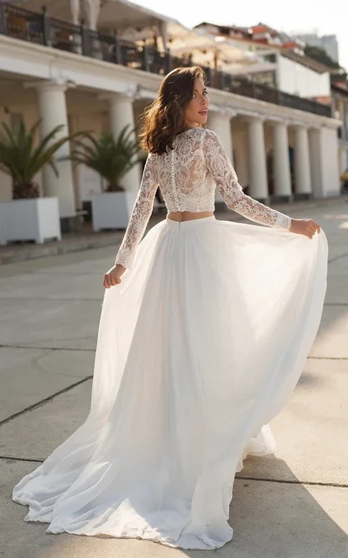 Aimishang Elegant Two Piece V-neck Long Sleeves Wedding Dress with Sweep Train Lace Bridal Gown With Slit