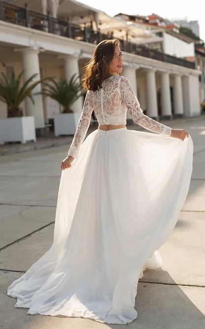 Aimishang Elegant Two Piece V-neck Long Sleeves Wedding Dress with Sweep Train Lace Bridal Gown With Slit