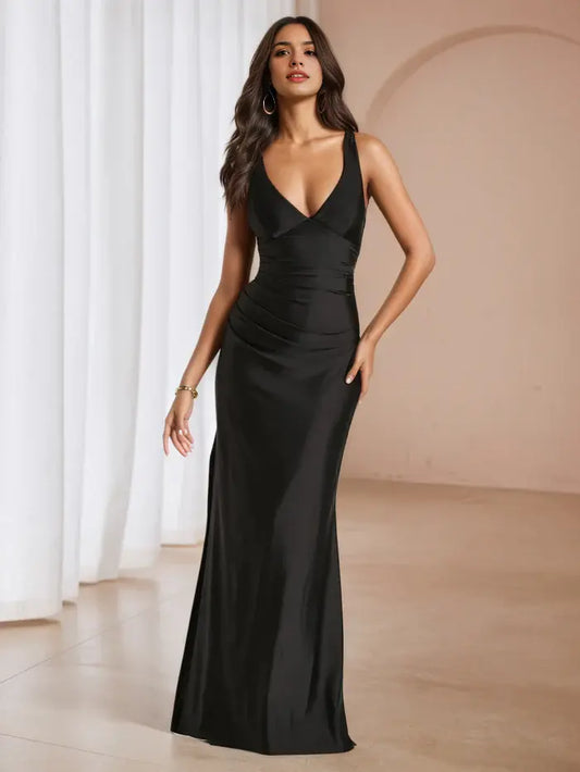 Aimishang Elegant V-Neck Criss-Cross Straps Back Sleeveless Long Prom Dress Simple Evening Party Dress