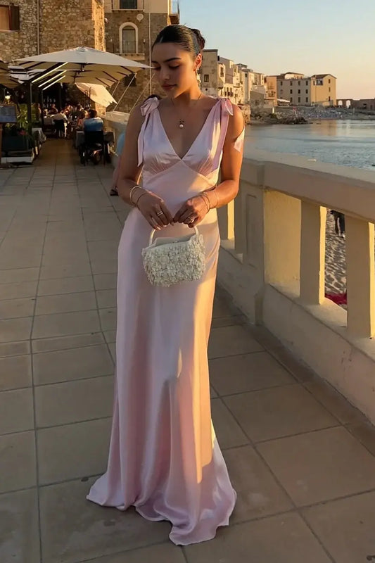 Aimishang Elegant V-Neck Sleeveless Satin Wedding Guest Party Dress Lovely Long Formal Prom Dress