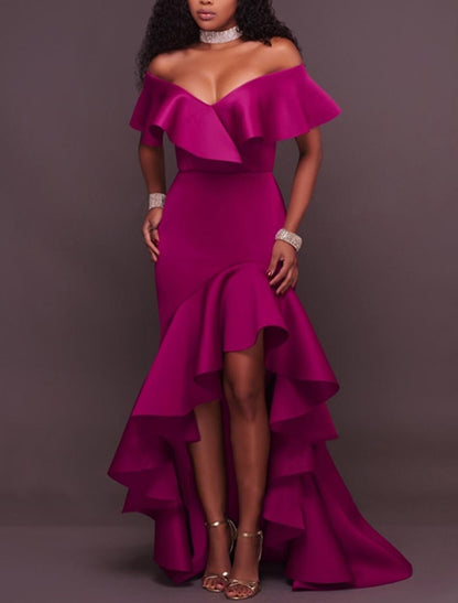 Aimishang Elegant V-neck Evening Gown Asymmetrical Off Shoulder Wedding Guest Dresses with Ruffles