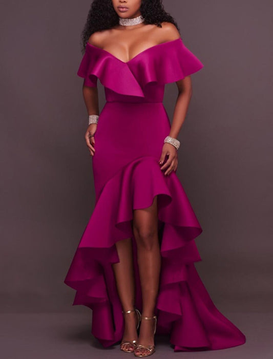 Aimishang Elegant V-neck Evening Gown Asymmetrical Off Shoulder Wedding Guest Dresses with Ruffles