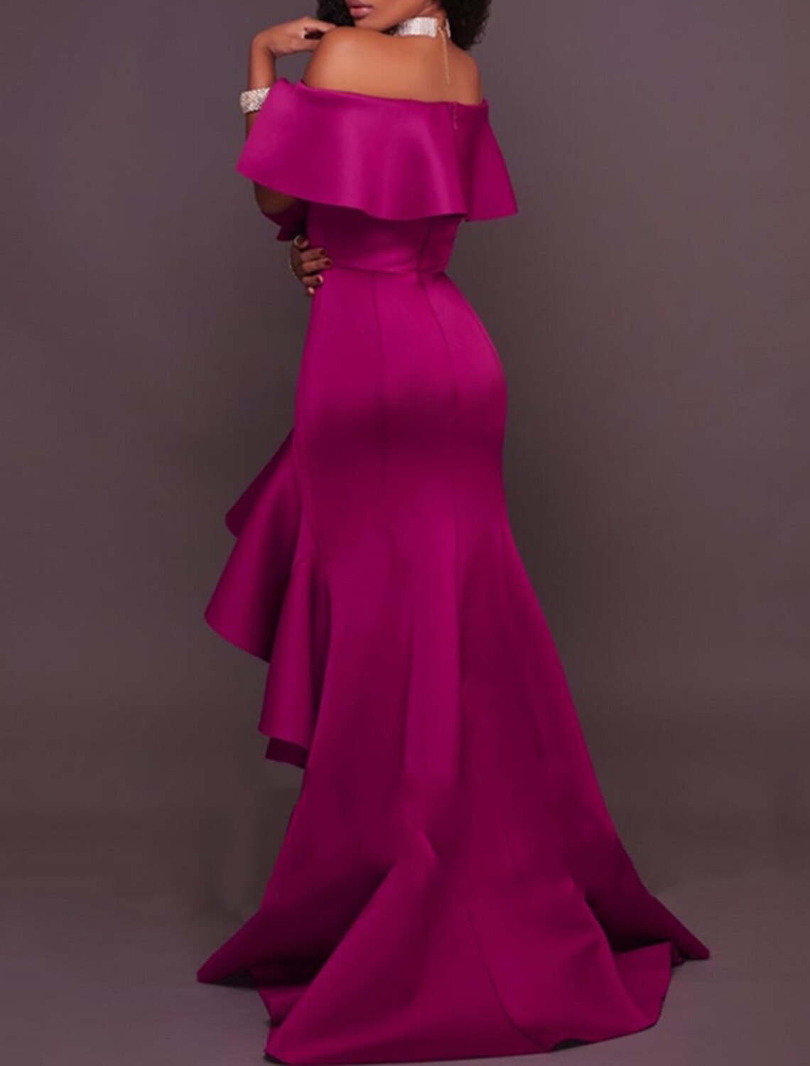 Aimishang Elegant V-neck Evening Gown Asymmetrical Off Shoulder Wedding Guest Dresses with Ruffles