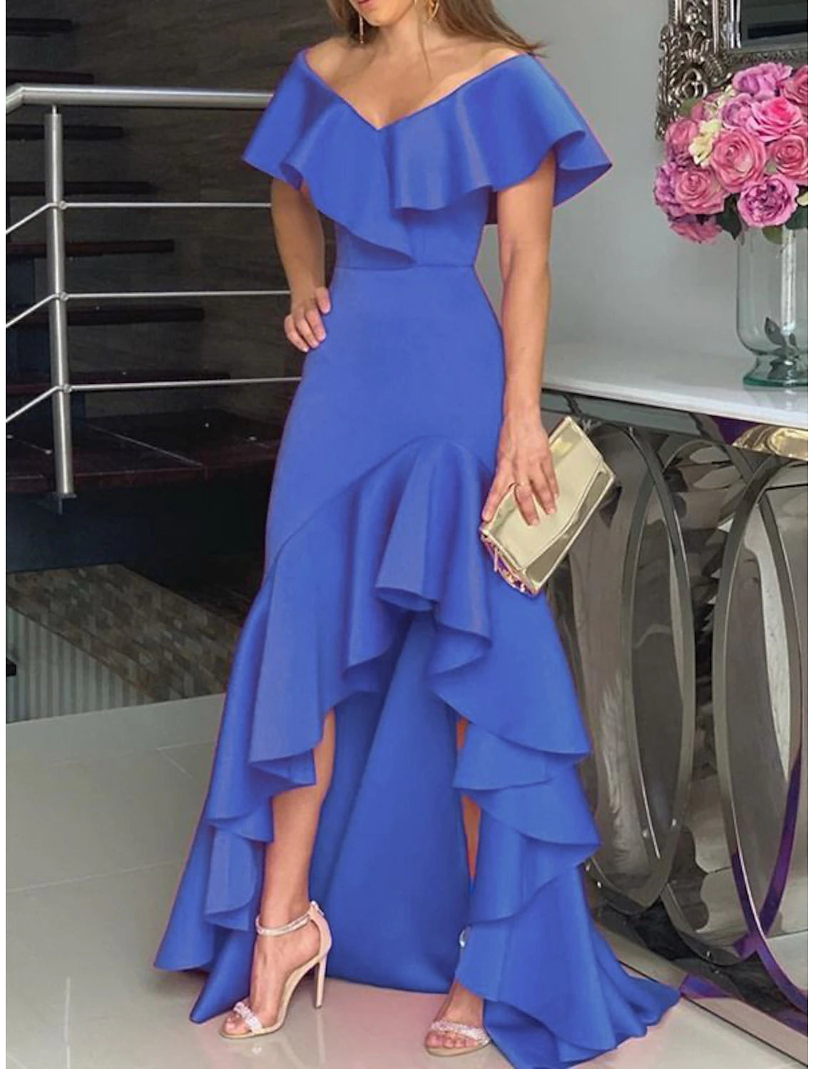 Aimishang Elegant V-neck Evening Gown Asymmetrical Off Shoulder Wedding Guest Dresses with Ruffles