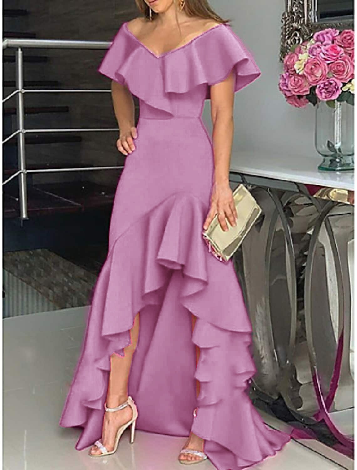 Aimishang Elegant V-neck Evening Gown Asymmetrical Off Shoulder Wedding Guest Dresses with Ruffles