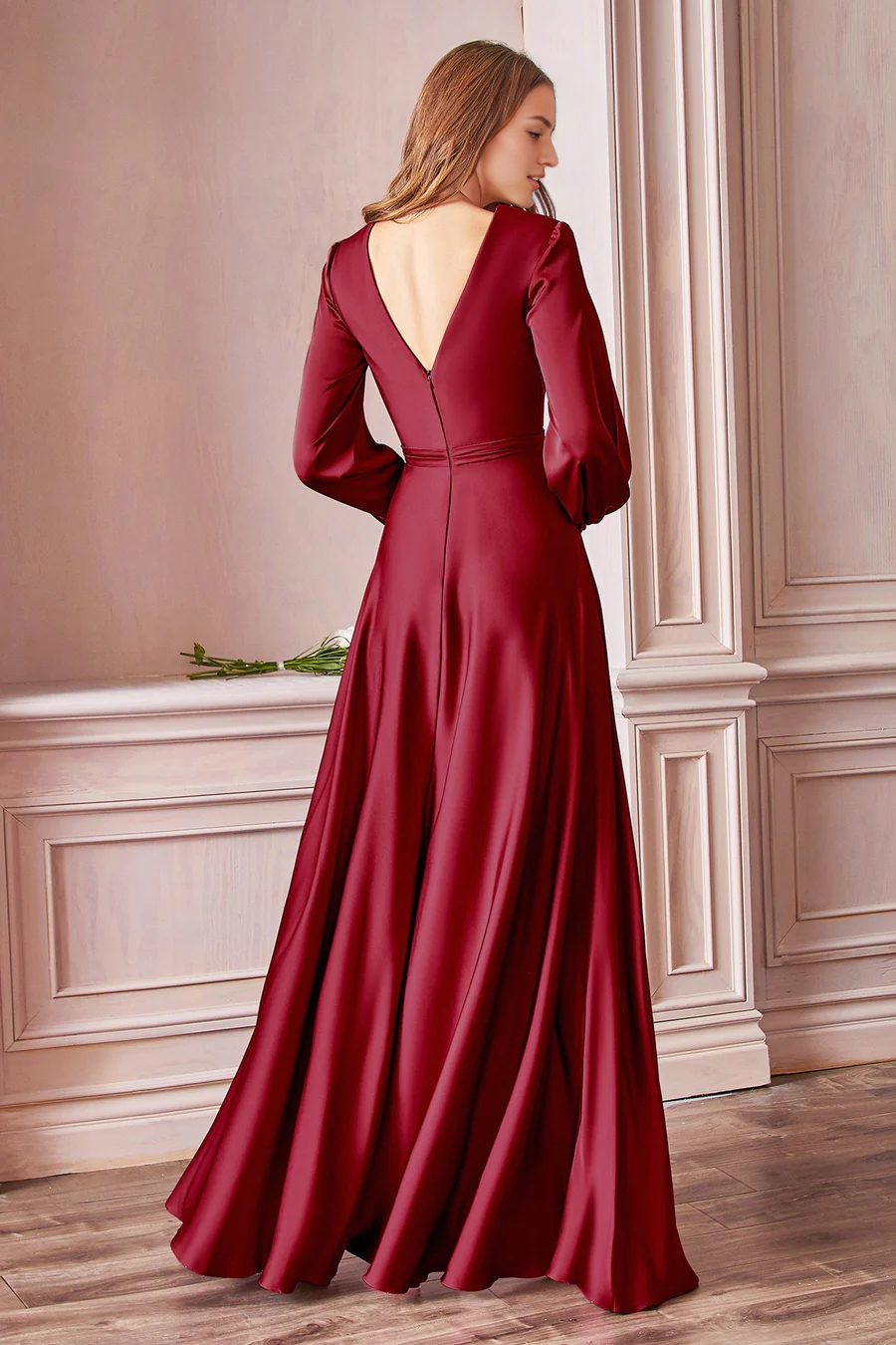 Aimishang Elegant V-neck Prom Dress With Slit Long Sleeves Bridesmaid Dresses Fall Wedding Guest Dress November Evening Party Dress