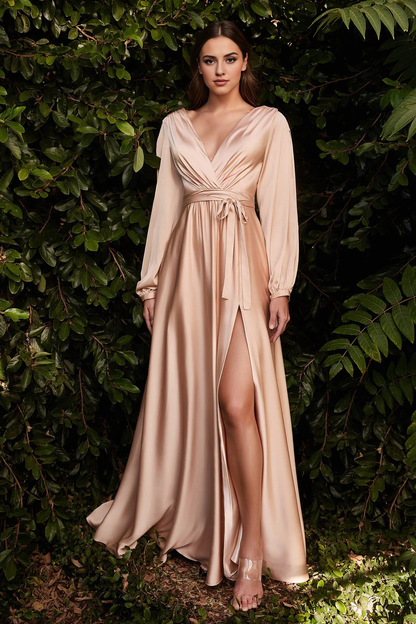 Aimishang Elegant V-neck Prom Dress With Slit Long Sleeves Bridesmaid Dresses Fall Wedding Guest Dress November Evening Party Dress
