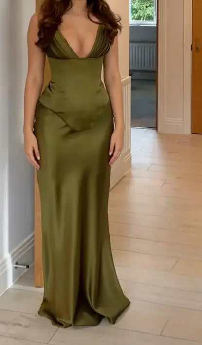 Aimishang Elegant V-neck Sleeveless Green Satin Party Evening Gowns Simple Long Formal Wedding Guest Dress
