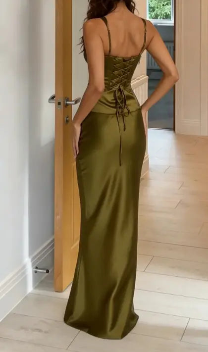 Aimishang Elegant V-neck Sleeveless Green Satin Party Evening Gowns Simple Long Formal Wedding Guest Dress