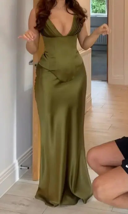 Aimishang Elegant V-neck Sleeveless Green Satin Party Evening Gowns Simple Long Formal Wedding Guest Dress