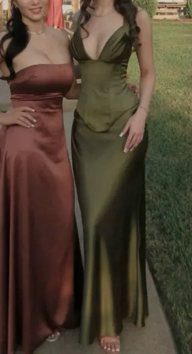 Aimishang Elegant V-neck Sleeveless Green Satin Party Evening Gowns Simple Long Formal Wedding Guest Dress